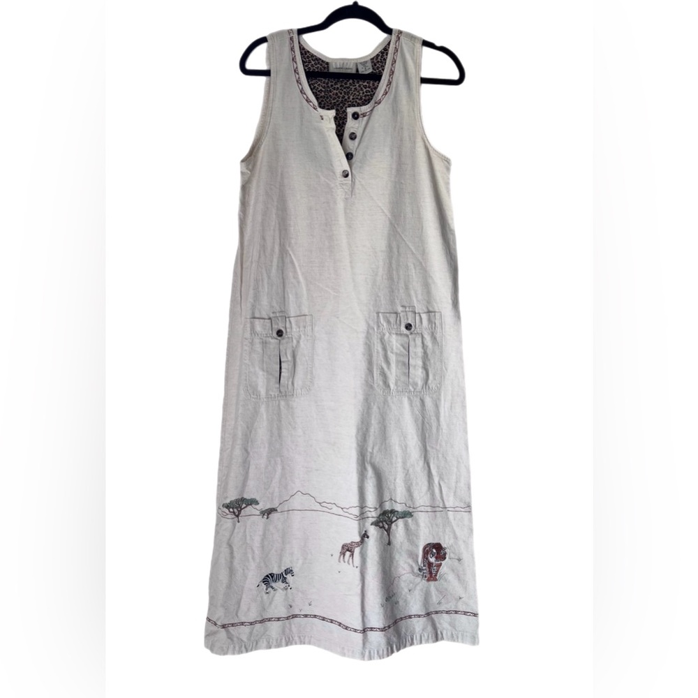 Lemon Grass Women's Linen Blend Safari Embroidered Beige Dress Size S